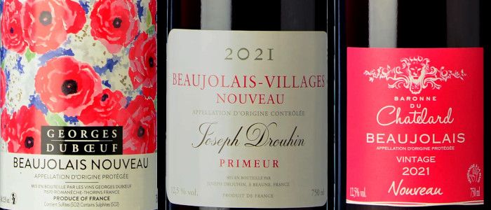 Etiquetas de tres botellas de Beaujolais Nouveau 2021: Georges Duboeuf, Joseph Drouhin, Baronne du Chatelard
