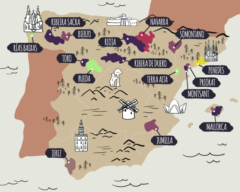 Mapa ilustrado de los vinos españoles