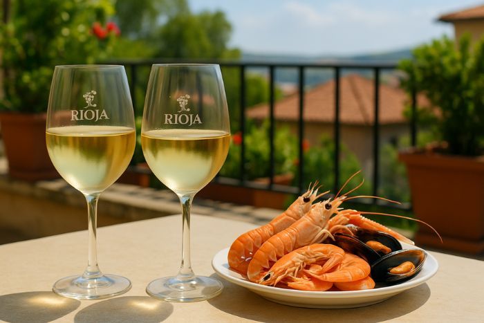 White rioja wine glasses and food