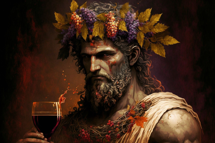 Image of the god Dionysus, holding a glass of red wine in his right hand. He wears a crown made of bunches of white and red grapes with their leaves. Image by Raphael from Pixabay.